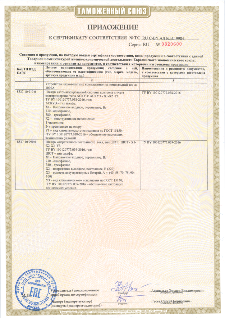 Приложение к сертификату соответствия № ТС RU C-BY.АЛ16.В.19984